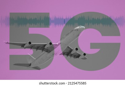 Illustration Of Airlines Worrying About 5G Interference With Plane Altimeter. 5G Text Overlying A Black And Whit Photo Of A Flying Airplane