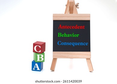 Illustration for Antecedent-Behavior-Consequence (ABC) model featuring Three Blocks Cube and a Chalkboard with text Antecedent Behavior Consequence 