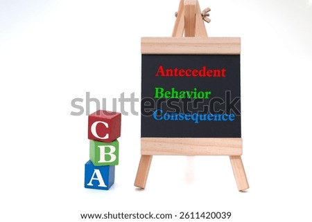 Illustration for Antecedent-Behavior-Consequence (ABC) model featuring Three Blocks Cube and a Chalkboard with text Antecedent Behavior Consequence 