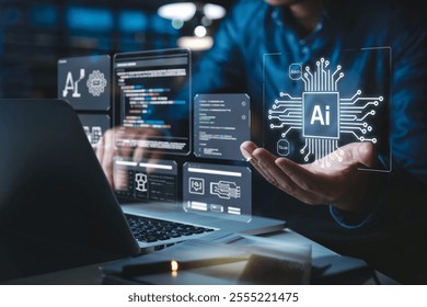 An illustration of artificial intelligence and digital interfaces, showcasing futuristic technology concepts and innovation. Perfect for tech, AI, and futuristic theme presentations or articles.