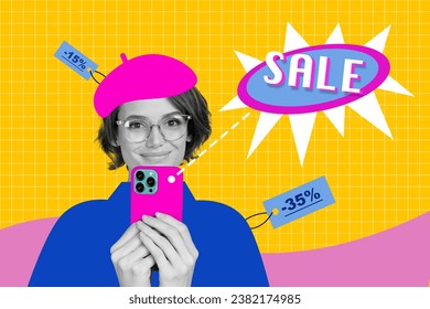 Illustration banner collage of young funny girl hold iphone choose clothes boutique online -35 percent isolated on painted background
