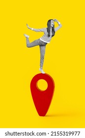 Illustration big location symbol icon sign locator marker place position point element on route graphic road mark with young girl on top isolated - Shutterstock ID 2155319977