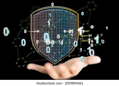 An illustration of binary codes and a human hand touching a transparent screen