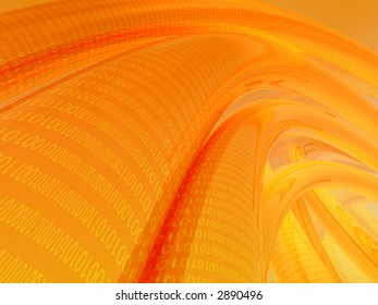 Illustration of binary data flowing on several orange cables