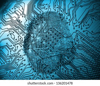 Illustration of blue fingerprint against circuit board - Powered by Shutterstock - Get 15% off with code: PIKWIZARD15