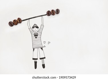 An illustration of a boy lifting weights of real coffee beans