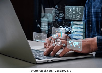 Illustration of a businessman analyzing a large data set. Concepts, indicators, performance measurement. Various features of the organization