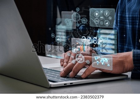 Illustration of a businessman analyzing a large data set. Concepts, indicators, performance measurement. Various features of the organization
