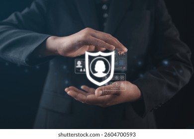 Illustration of a businessman interacting with a digital interface showcasing encryption, online security measures, cyber threat prevention, data protection, and privacy safeguarding solutions.