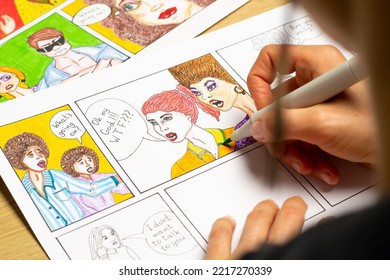 Illustration of comics. Drawings by the artist of characters on paper. - Shutterstock ID 2217270339