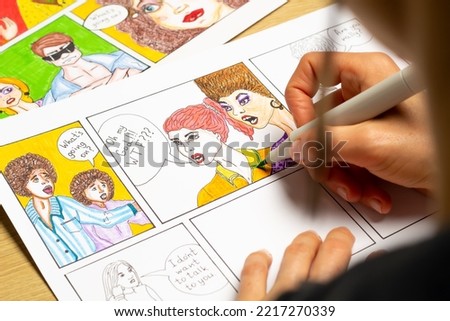 Illustration of comics. Drawings by the artist of characters on paper.