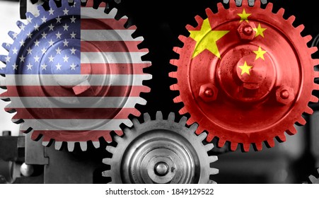Illustration of the concept of trade relations, cooperation strategy between USA and China. China and US of America flags on metal gears.