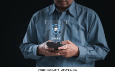 Illustration of cybersecurity, digital data protection, privacy, and encryption. Features screen with padlock icon, emphasizing internet safety and user security	