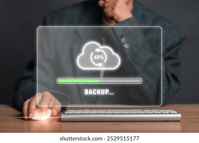 Illustration of a digital backup process with a cloud storage progress bar, symbolizing data security and technology. - Powered by Shutterstock