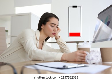Illustration of discharged battery and tired woman at workplace in office. Extreme fatigue