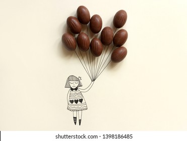 An Illustration Drawing Of A Girl Holding Chocolate Eggs Like Balloons