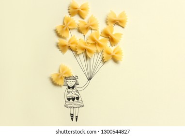Illustration drawing girl  holding raw pasta 