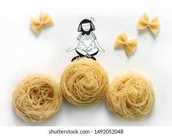 An illustration drawing of a girl sitting on "hay bales" of pasta - Powered by Shutterstock