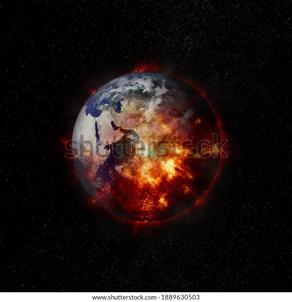 An illustration\
of earth burning with fire viewed from outer space. Elements of\
this image furnished by\
NASA.