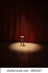 Illustration Of An Empty Stool On A Stage Of A Theater, Concert Or Comedy Show Lighted By A Single Spotlight In Front Of A Red Curtain.