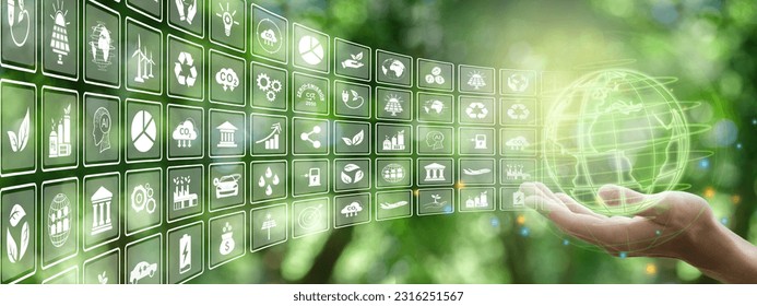 Illustration for environmental, business or green investment concepts. Virtual screen with icons on green background use for ads or web banners or whatever. Leave spaces to enter text.