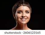 Illustration of a face split to showcase the effects of skincare treatment, emphasizing changes in complexion and clarity, with a dramatic contrast between before and after effects.