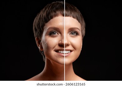 Illustration of a face split to showcase the effects of skincare treatment, emphasizing changes in complexion and clarity, with a dramatic contrast between before and after effects.