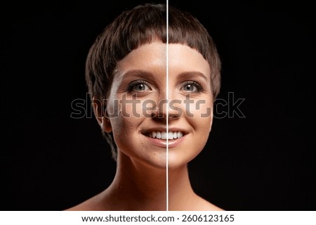 Illustration of a face split to showcase the effects of skincare treatment, emphasizing changes in complexion and clarity, with a dramatic contrast between before and after effects.