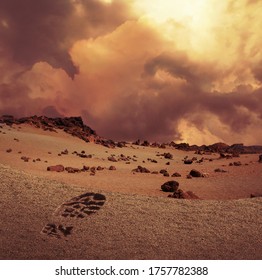 Illustration of the first human footprint on sandy and rocky Planet Mars landscape. - Powered by Shutterstock