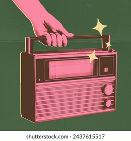 Illustration of hand holding retro radio with stars. Dual-tone image. Poster for a music festival with a throwback theme. Concept of music, festival, creativity, retro and vintage. 1980s pop culture.