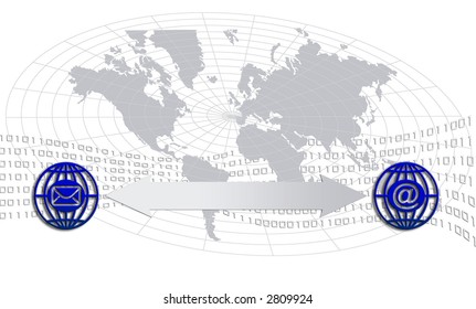 Illustration with hand, world map and binary flow and communication icons