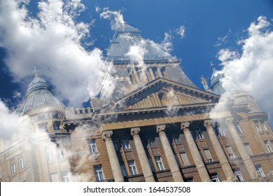 Illustration Of Heaven Or Air Pollution; Image Of Historical Building With Beautiful, Bright Clouds In The City Budapest; Color Photo.