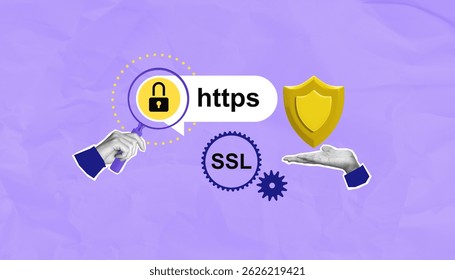 Illustration of HTTPS, SSL, padlock, hands, and shield on a crumpled purple background, symbolizing internet data encryption and website protection