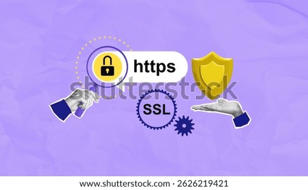 Illustration of HTTPS, SSL, padlock, hands, and shield on a crumpled purple background, symbolizing internet data encryption and website protection