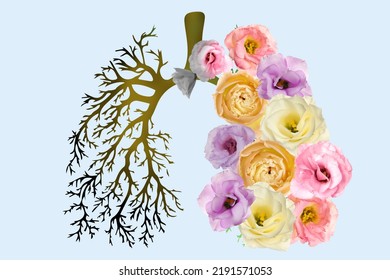 Illustration Of Human Lungs - One Part With Image Of Dry Tree Branches, Another With Fresh Flowers On Light Background. Healthy And Unhealthy Lifestyle Concept