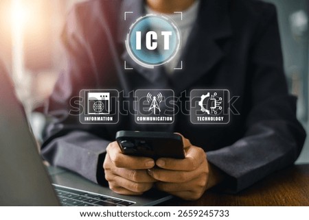 Illustration of ICT elements showcasing information, communication, and technology in a digital business setting.