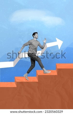 Illustration image picture collage artwork of young businessman running upstairs improve skills arrow increase isolated on blue background