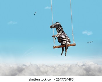 Illustration image of zebra swinging on swing bar over blue sky with clouds foam - Shutterstock ID 2147724493