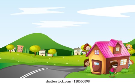 illustration of kids and a house in a beautiful nature