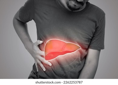 The illustration of liver is on the man's body against gray background. A men with hepatitis and fatty liver problem.