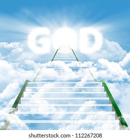Illustration of a long ladder leading upward to heaven represented by the word 'GOD' - Shutterstock ID 112267208