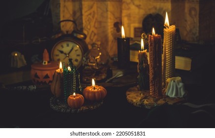 Illustration Of Magical Stuff....candle Light, Magic Wand, Book Of Spells Dark Background, Wizards School, Green Aesthetic, Halloween Time