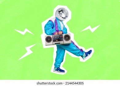 Illustration of male dude walking dancer hold boom box player retro chill have disco ball on head silhouette painted white color green background - Shutterstock ID 2144544305