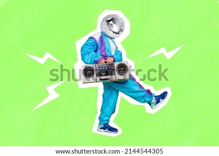 Illustration of male dude walking dancer hold boom box player retro chill have disco ball on head silhouette painted white color green background