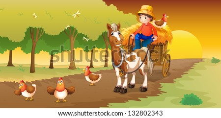 Illustration of a man riding in his cart going to the farm