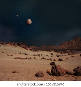 Illustration Of Moons Phobos And Deimos In The Sky Of The Planet Mars Rocky Landscape. Moon Images Provided By NASA.