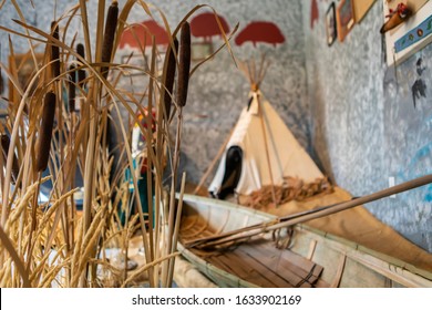Illustration of native american indians lifestyle in the museum, Kootenays, British Columbia, Canada. Canadian Indians culture