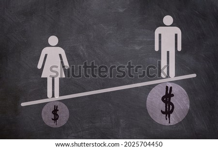 Illustration of the pay or wage differences between man and woman. Women are less paid than men.