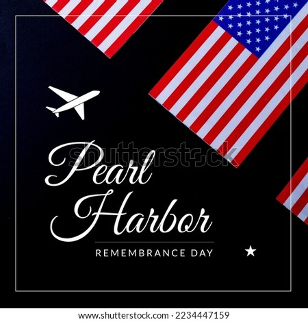 Illustration of pearl harbor remembrance day text with flags of america, airplane and star shape. Copy space, vector, attack, military, memorial, remembrance, war, honor and patriotism concept.