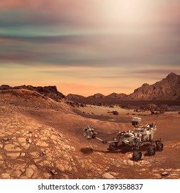 Illustration of Perseverance rover in the Planet Mars rocky landscape. Some elements furnished by NASA. - Shutterstock ID 1789358837